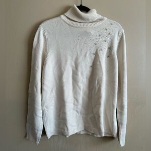 Cherokee White Stars & Glitter Long Sleeve Turtleneck Size Large Women